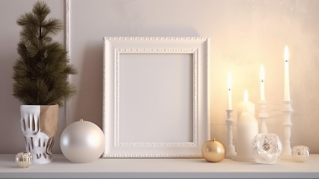 Um quadro branco com uma árvore de natal e uma vela nele
