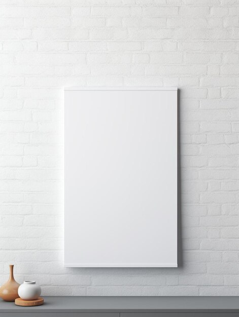 Foto um quadro branco em uma parede de tijolos com uma imagem branca nele