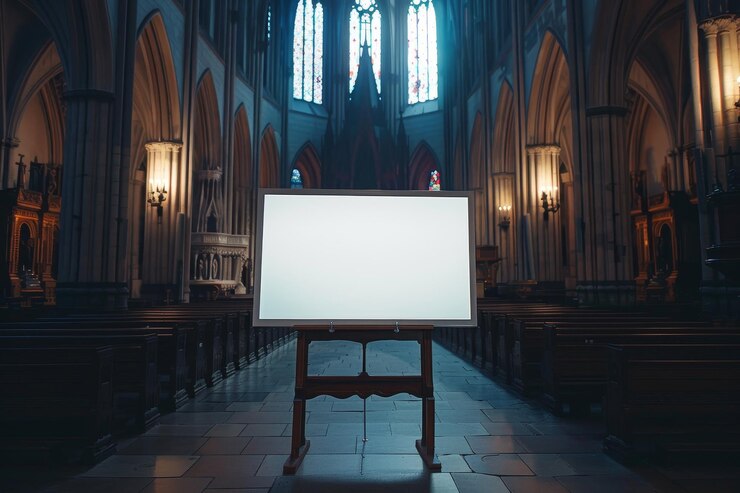 Foto um quadro branco está de pé numa grande igreja.