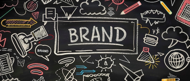Foto um quadro com as palavras brand e vários ícones representando marketing, publicidade, design de logotipo, criação de valor de marca e marketing de mídia digital