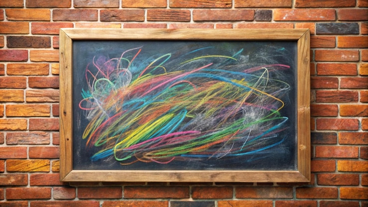 Foto um quadro com linhas coloridas desenhadas e um quadro que diz arco-íris