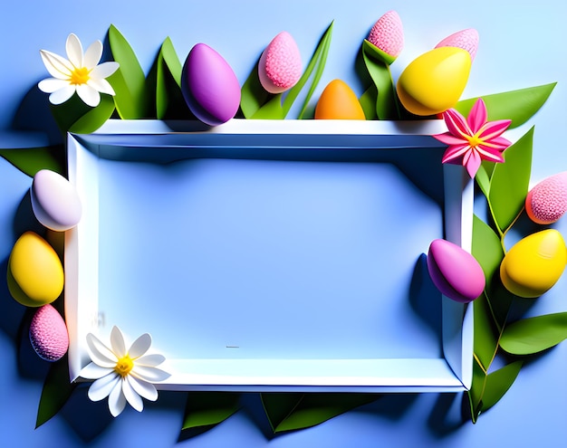 Um quadro com ovos de páscoa coloridos e flores nele