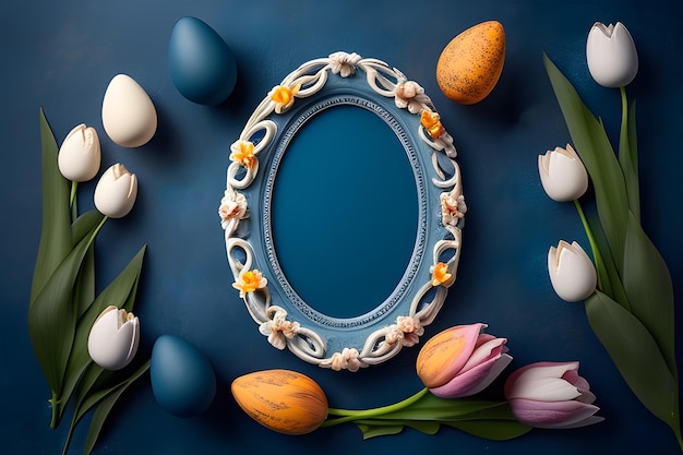 Um quadro com ovos de páscoa e tulipas em um fundo azul