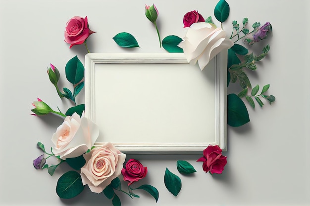 Um quadro com rosas e folhas nele