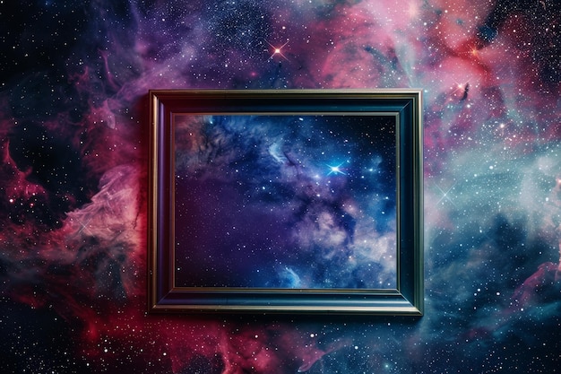 Foto um quadro com um espelho no meio de uma galáxia colorida