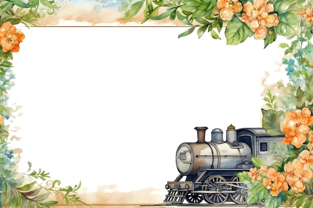 Um quadro com um trem e flores nele Trem em fundo de flor Modelos de layout de quadro floral