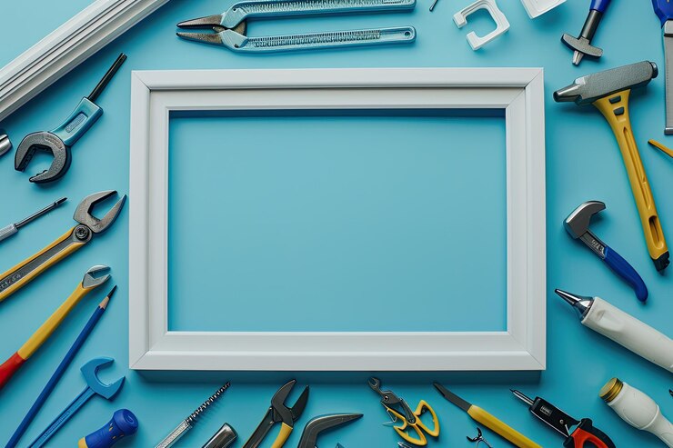 Foto um quadro com uma imagem de ferramentas e um fundo azul com um quadro branco