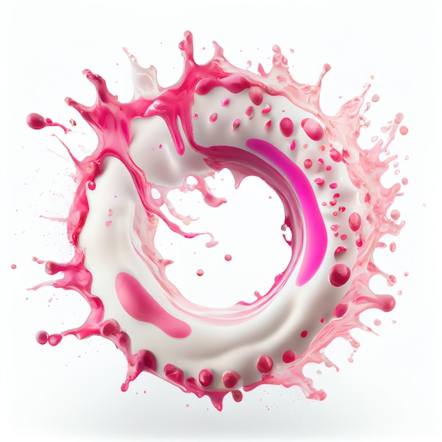 Um quadro de círculo com salpicos de tinta branca e rosa no fundo branco