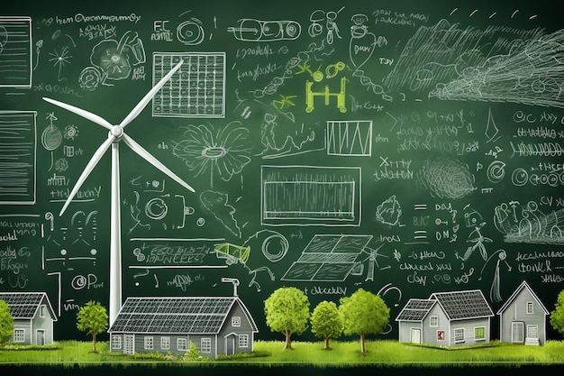 Foto um quadro de ensino verde cheio de elementos de energia turbinas eólicas