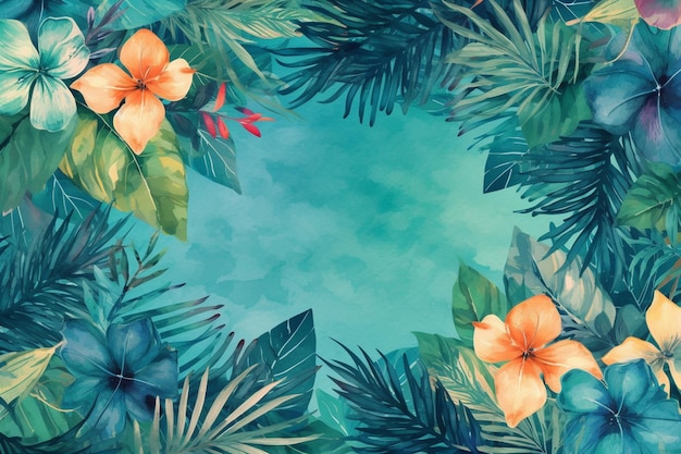 Um quadro de folhas e flores tropicais.