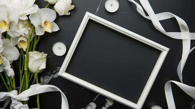 Um quadro de imagens cercado por flores brancas e velas condolências cartão de funeral com copyspace