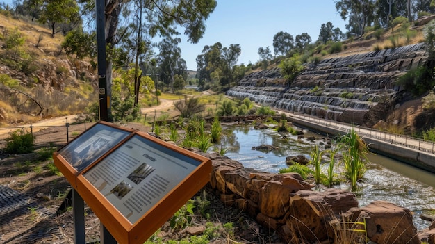 Foto um quadro de informação que explica o significado ecológico e as funções de uma barragem, educando os visitantes sobre o seu papel na conservação da água