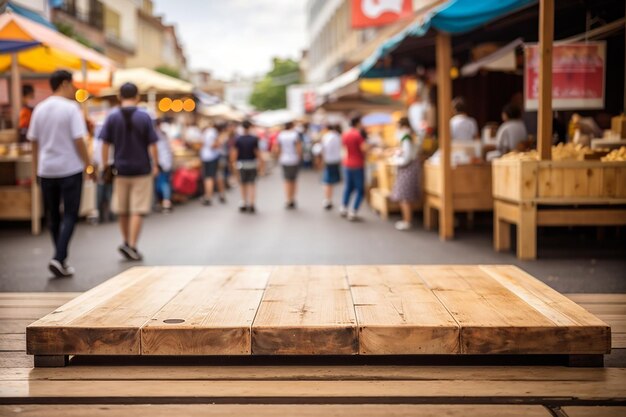 Foto um quadro de madeira vazio contra um mercado de comida de rua ótimo para promover delícias culinárias