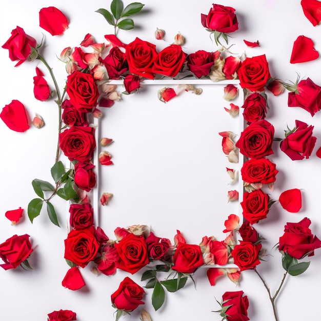 Um quadro de rosas vermelhas e folhas verdes em um fundo branco