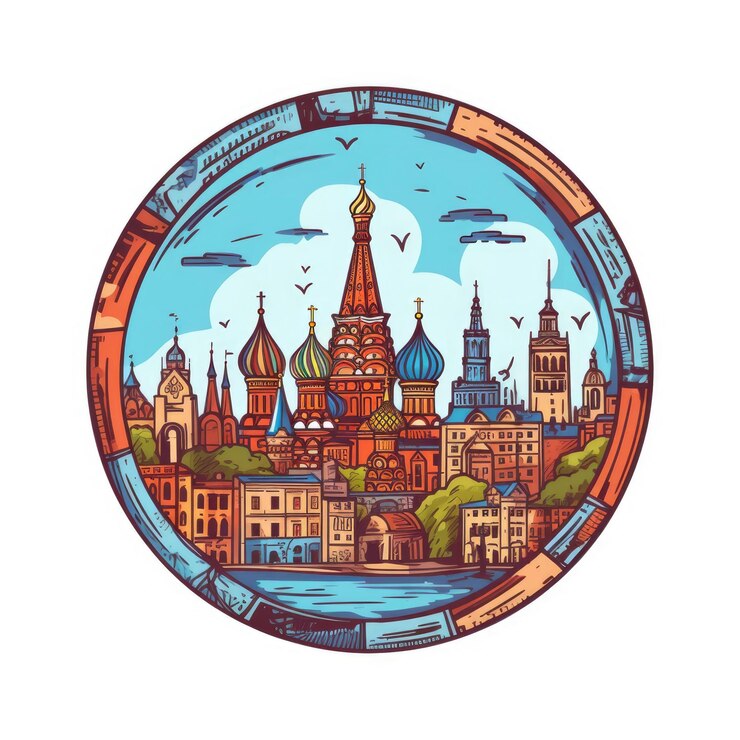 Foto um quadro em forma de círculo com espaço central do horizonte da cidade de moscou em estilo simples de desenho animado de cor de rabisco generative ai aig32