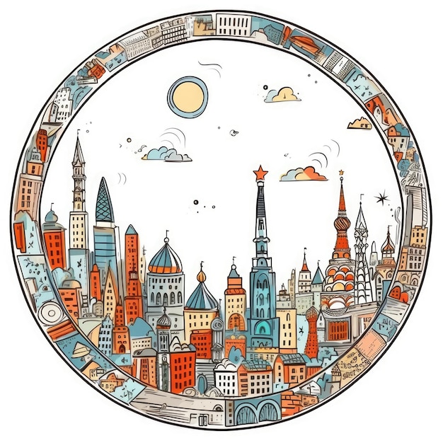 Um quadro em forma de círculo com espaço central do horizonte da cidade de Moscou em um estilo simples de desenho animado de cor de rabisco lindo Generative AI AIG32