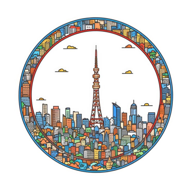 Foto um quadro em forma de círculo com espaço central do horizonte da cidade de tóquio em estilo simples de desenho animado de cor de rabisco generative ai aig32