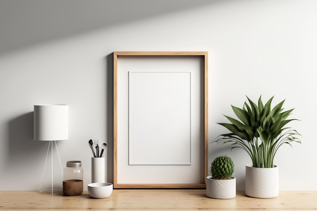 Um quadro em uma mesa com uma planta sobre ele