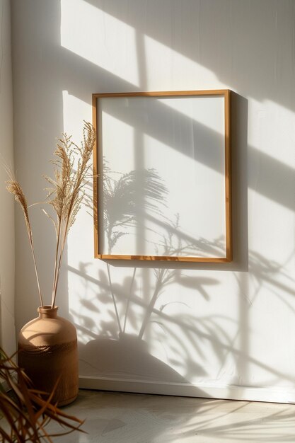 Um quadro emoldurado branco fica em uma parede ao lado de um vaso de grama seca