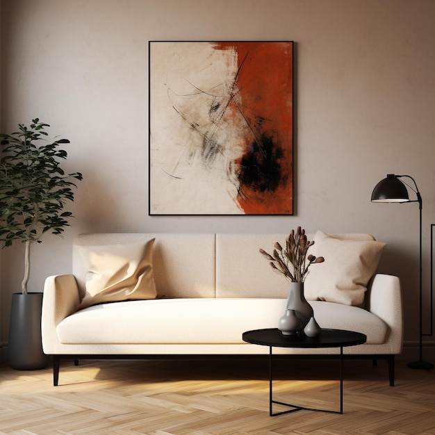 Um quadro na parede de uma sala com um sofá e uma mesa com um vaso de flores.