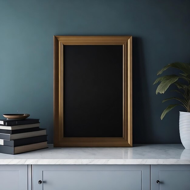 Um quadro-negro com moldura dourada fica em cima de um balcão branco.