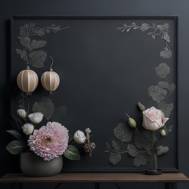 Um quadro-negro com uma flor e um vaso com uma flor.