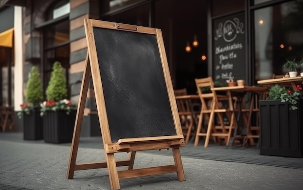 Um quadro-negro do lado de fora de um restaurante com uma placa que diz "a palavra café"