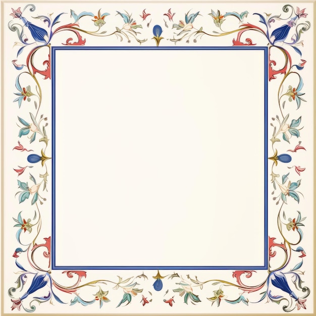 um quadro ornamentado com flores azuis vermelhas e brancas