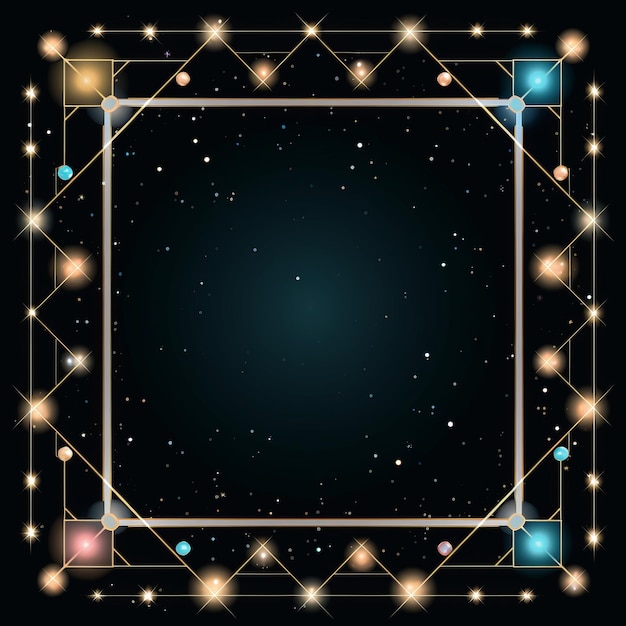 um quadro quadrado com estrelas e luzes em um fundo preto