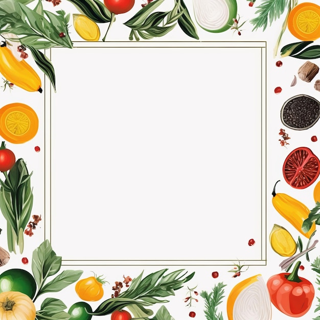 um quadro quadrado com legumes e frutas em um fundo branco