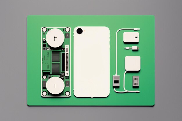 Foto um quadro verde com um telefone e um dispositivo branco.