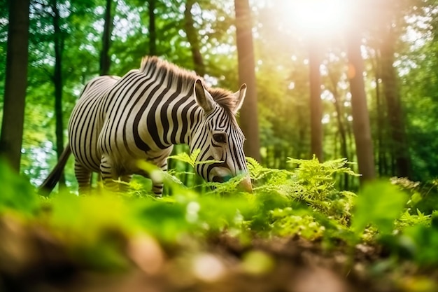 um quagga Equus quagga quagga comendo ervas em uma floresta verde e de fadas