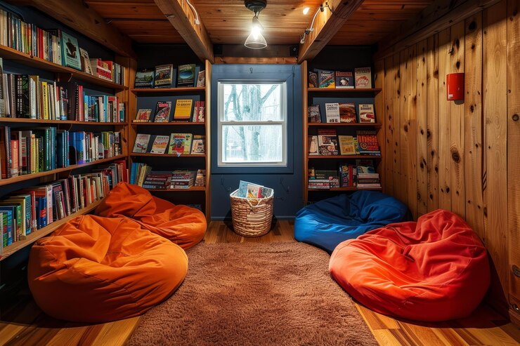 Foto um quarto aconchegante cheio de inúmeros livros e cadeiras de saco de feijão criando um recanto de leitura convidativo um recinto de leitura acolhedor com sacos de feijões e prateleiras de livros