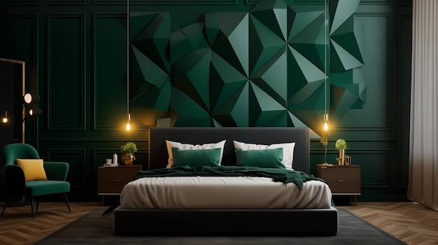 Um quarto aconchegante com padrões de parede em 3D esmeralda e branca criando uma atmosfera calorosa e convidativa