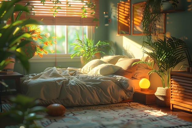 Um quarto aconchegante com plantas, cama de madeira e uma janela com vista para a grama.