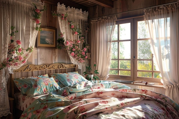 Um quarto aconchegante com roupa de cama floral e renda.