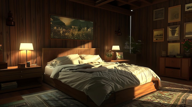 Um quarto aconchegante com um interior de madeira Há uma cama com lençóis brancos uma mesa de noite com uma lâmpada e uma gaveta com um espelho
