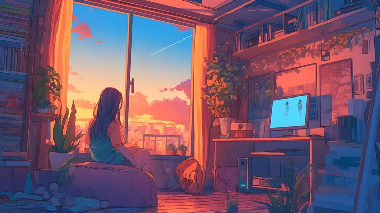 Foto um quarto aconchegante com uma mulher a olhar para o pôr-do-sol calma e nostálgica cena de anime lofi