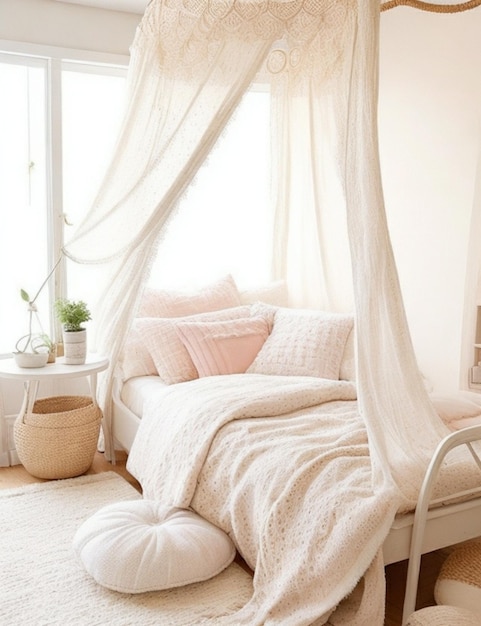 Um quarto aconchegante e ensolarado com uma cama macia, uma poltrona confortável e um dossel de sonho