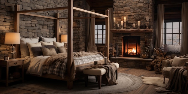 um quarto aconchegante e rústico com uma cama de quatro postes de madeira, roupas de cama em quadros e uma lareira de pedra