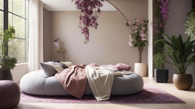 Um quarto aconchegante e sereno com um lindo vaso de orquídeas