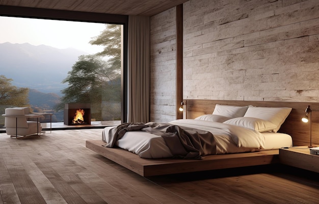Um quarto aconchegante numa cabana com uma bela vista do vale.