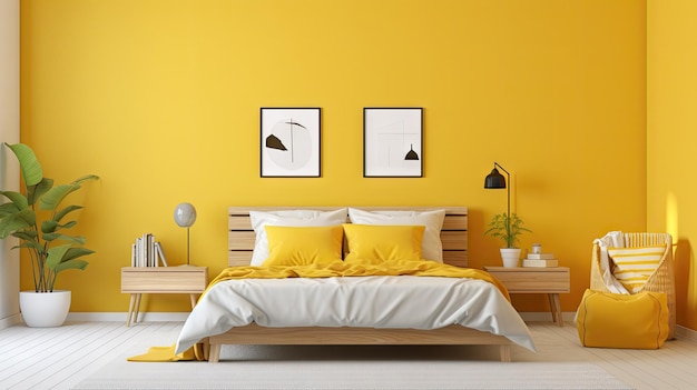 Um quarto amarelo com design escandinavo