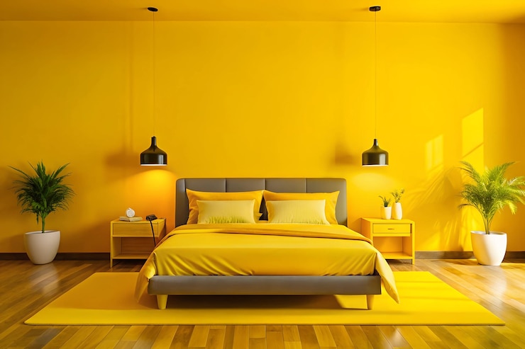 Foto um quarto amarelo com uma cama e uma parede amarela com uma lâmpada nele