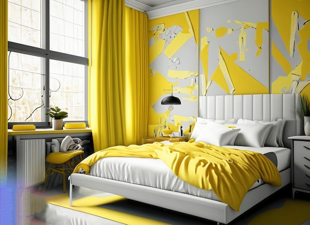 Foto um quarto amarelo e branco com cortinas amarelas e um fundo amarelo.