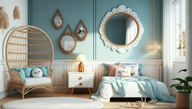 Um quarto azul com cama, mesa, abajur e espelho.