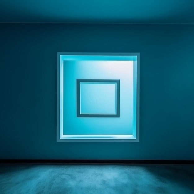 Um quarto azul com uma janela quadrada e uma moldura quadrada.