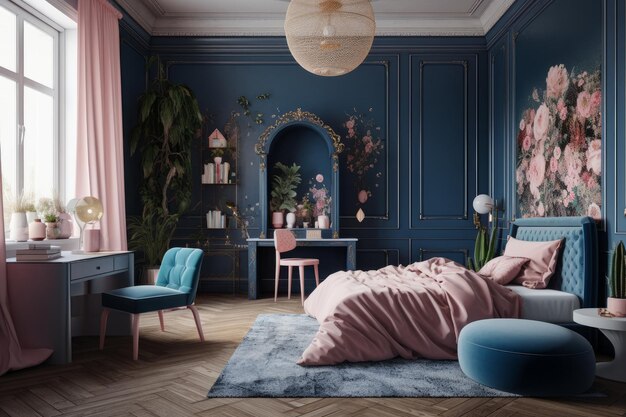 Um quarto azul com uma secretária e uma parede azul com uma lâmpada e uma lâmpada.
