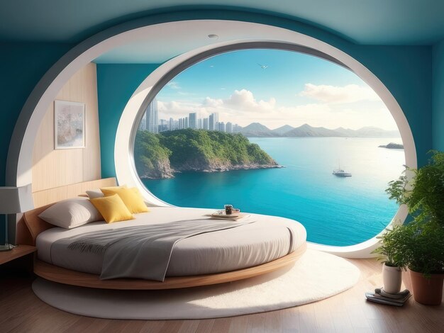 Um quarto azul com vista para o oceano.