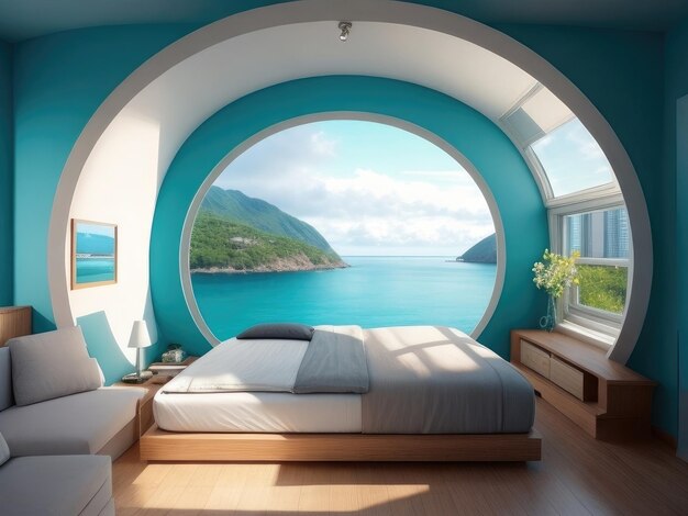 Um quarto azul com vista para o oceano.